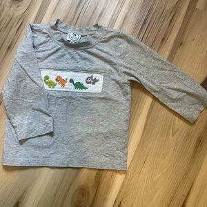 Long-Sleeve Gray Kids Top with Dinosaur Smocking